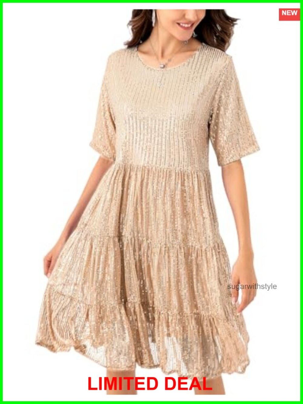 Sequin Babydoll Mini Dress A-Line Crew Neck Half Sleeve Party Club Night